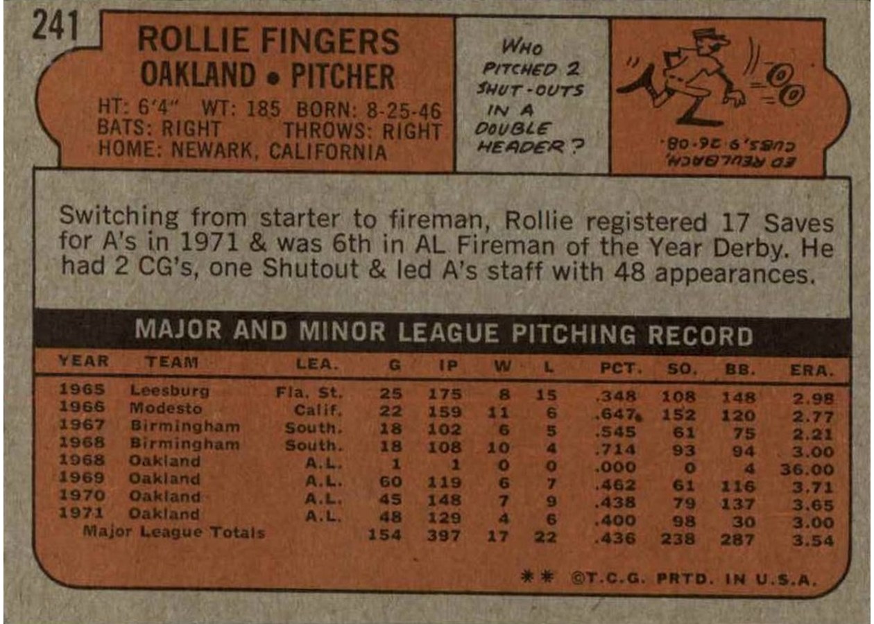 1972 Topps #241 Rollie Fingers card back