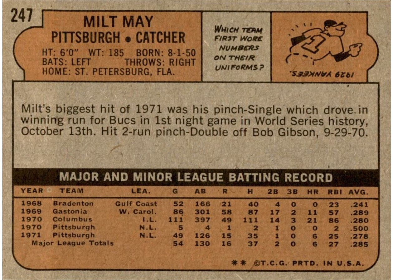 1972 Topps #247 Milt May card back