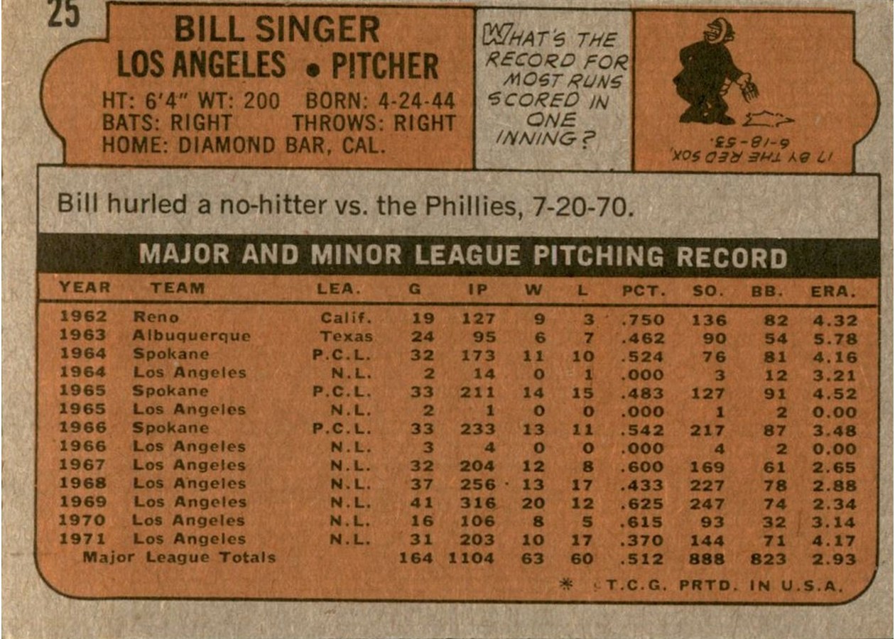 1972 Topps #25 Bill Singer card back