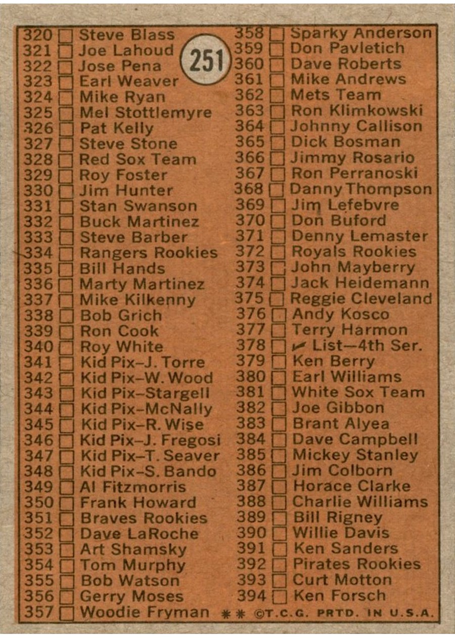 1972 Topps #251 Checklist 3rd Series card back