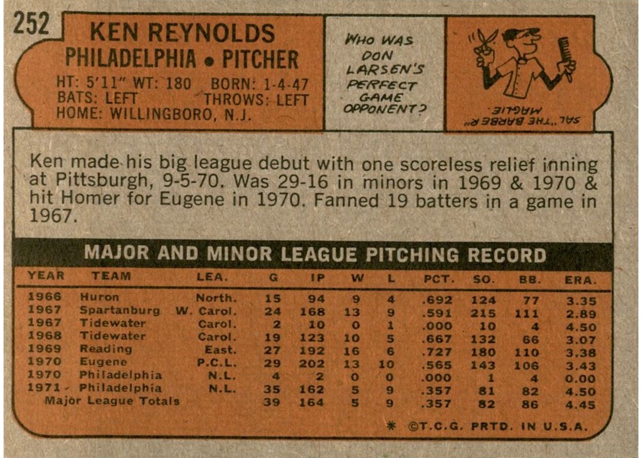 1972 Topps #252 Ken Reynolds card back