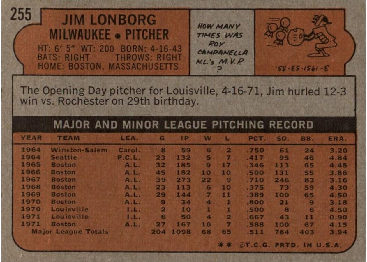 1972 Topps #255 Jim Lonborg card back