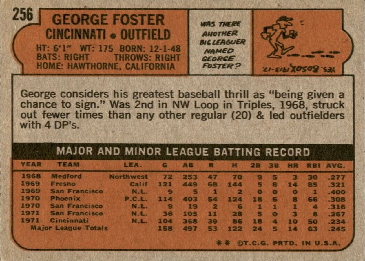 1972 Topps #256 George Foster card back