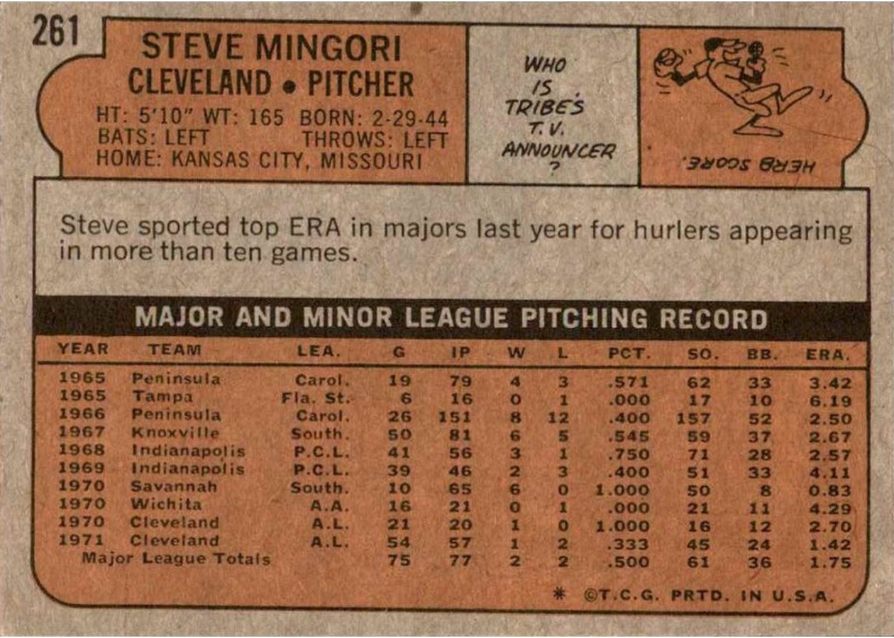 1972 Topps #261 Steve Mingori card back