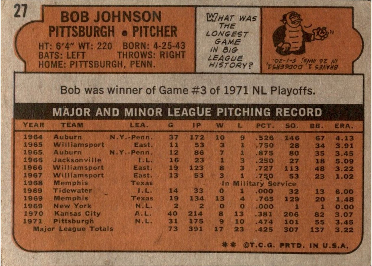 1972 Topps #27 Bob Johnson card back