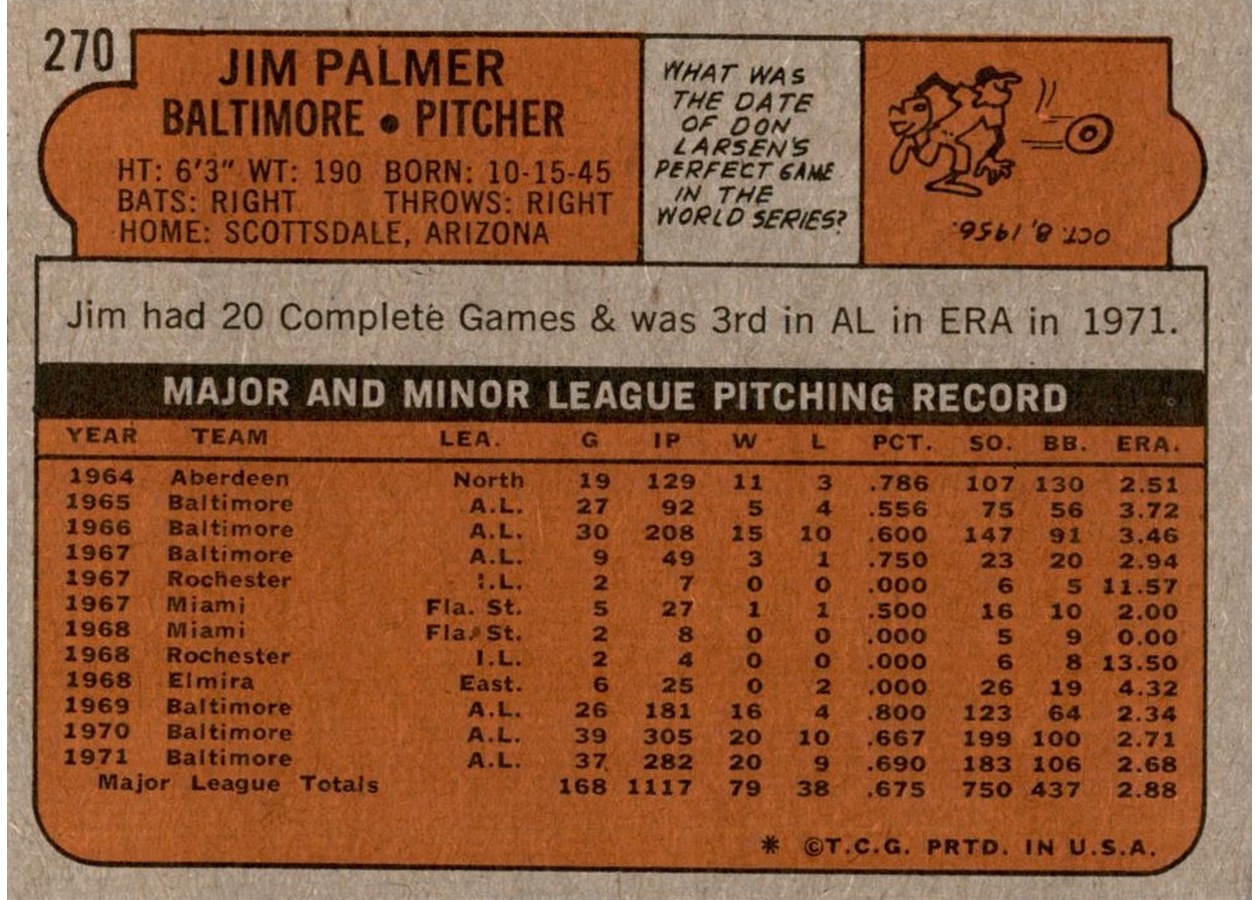 1972 Topps #270 Jim Palmer card back