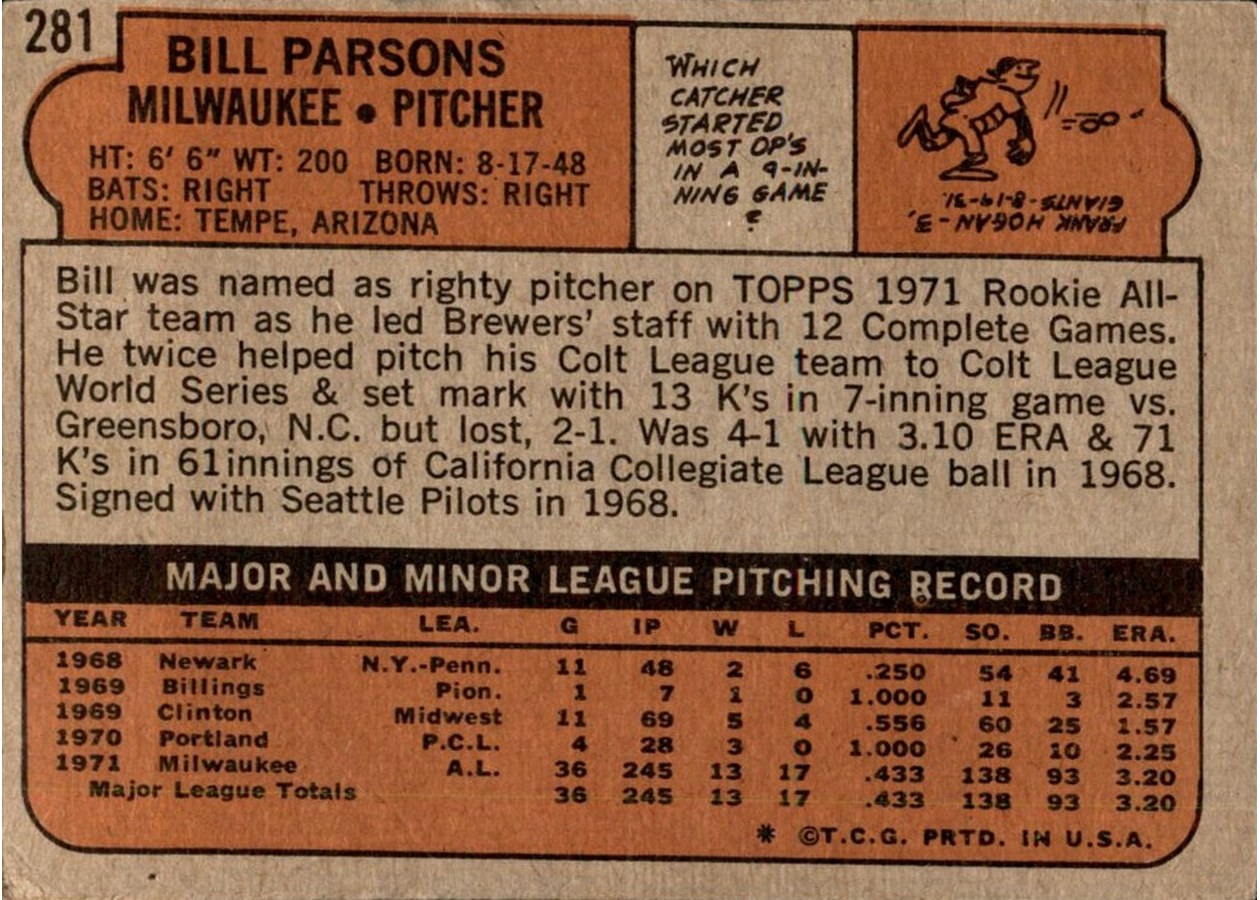 1972 Topps #281 Bill Parsons card back