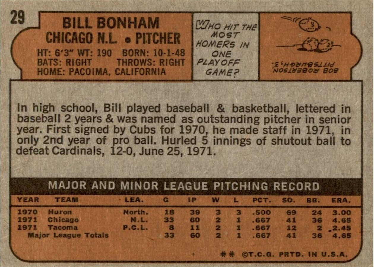 1972 Topps #29 Bill Bonham card back