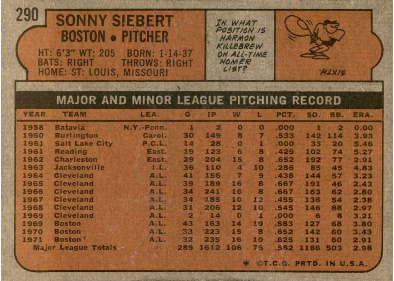 1972 Topps #290 Sonny Siebert card back