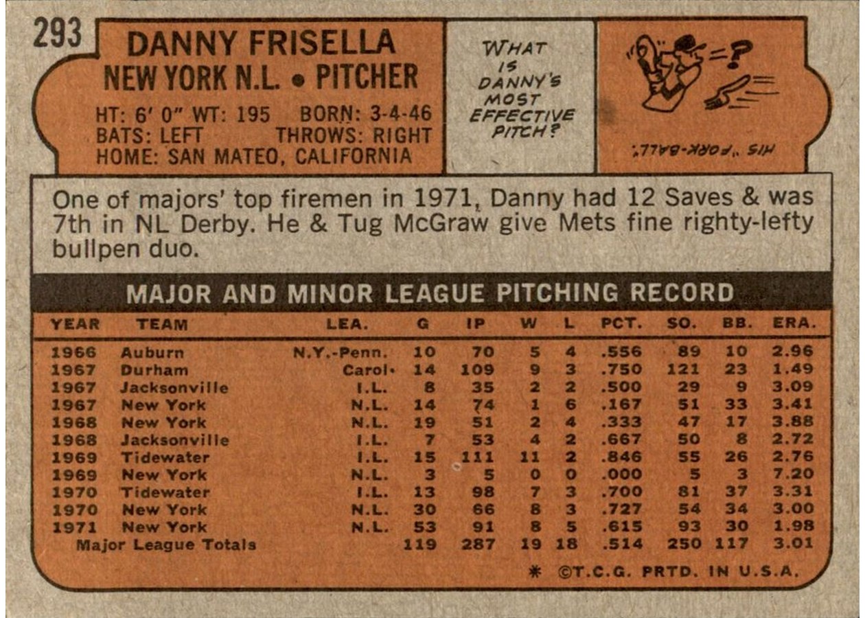 1972 Topps #293 Danny Frisella card back