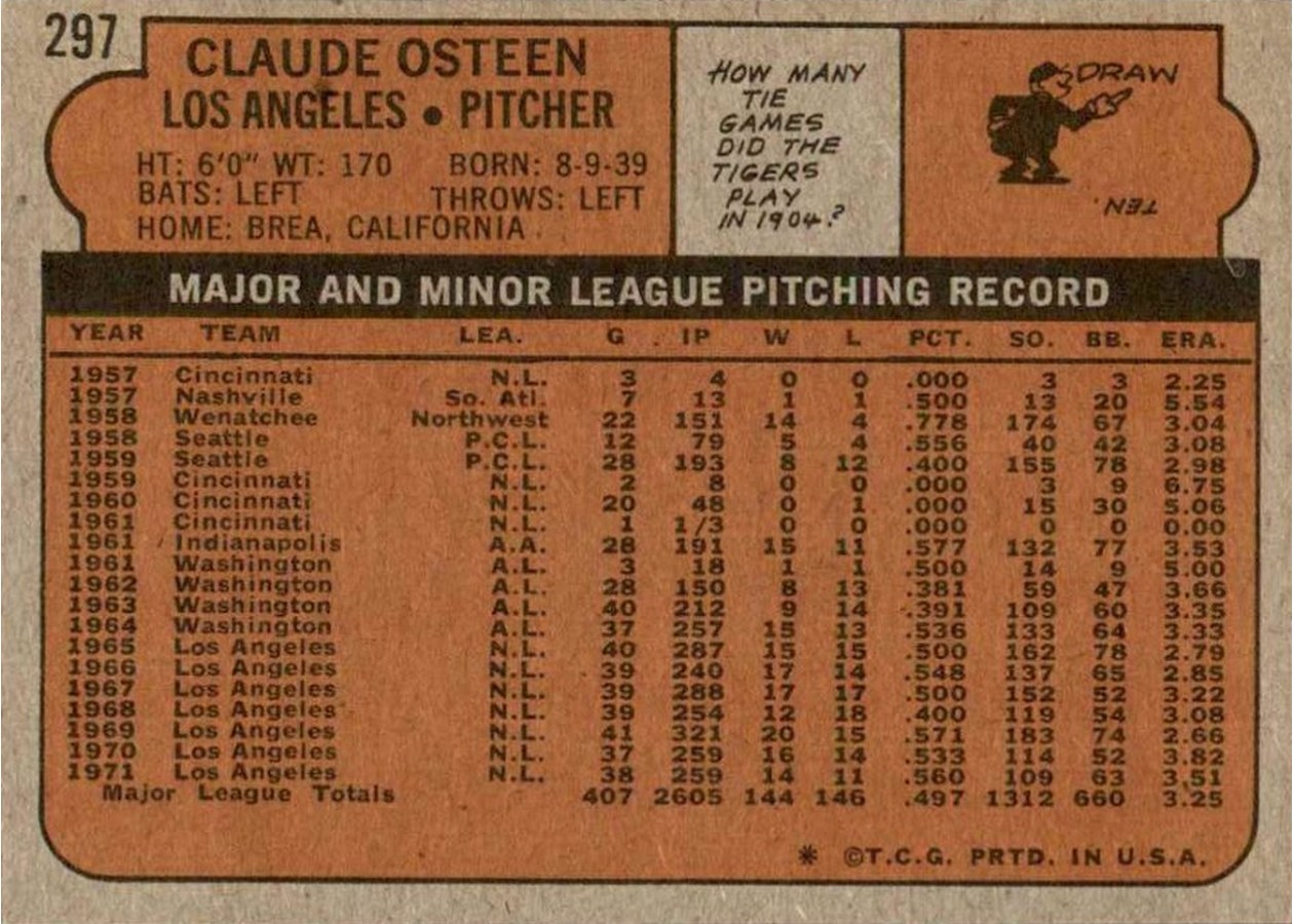 1972 Topps #297 Claude Osteen card back