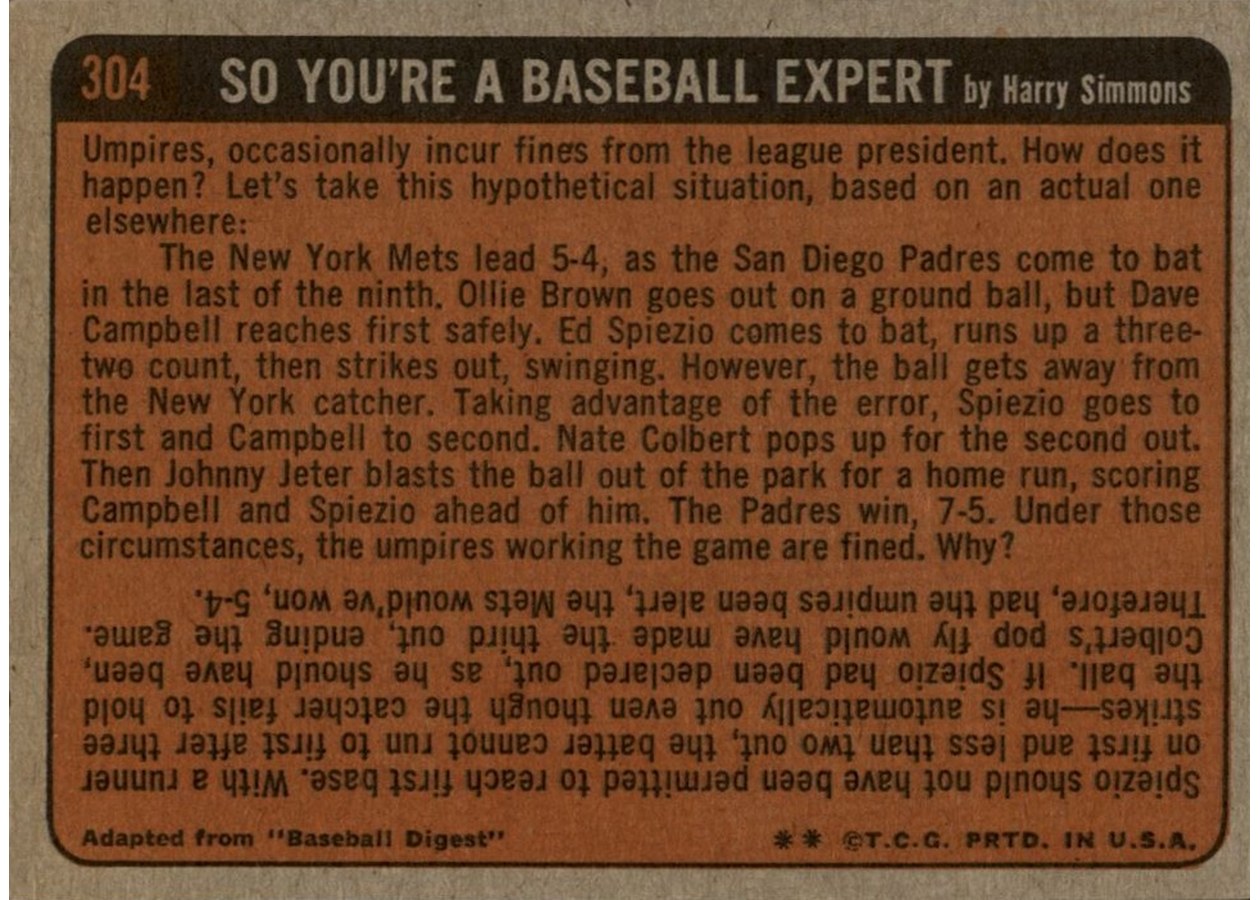 1972 Topps #304 Joe Pepitone In Action card back