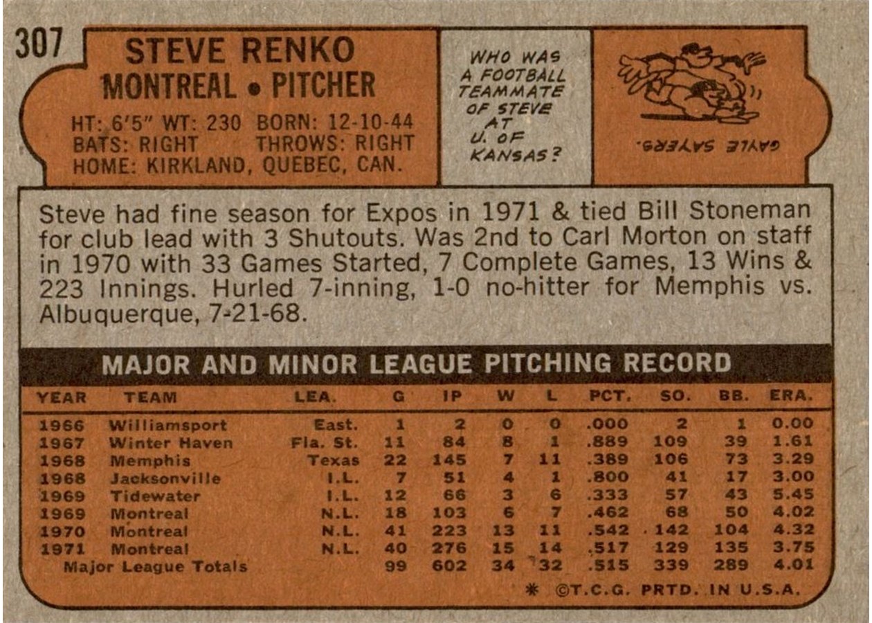 1972 Topps #307 Steve Renko card back