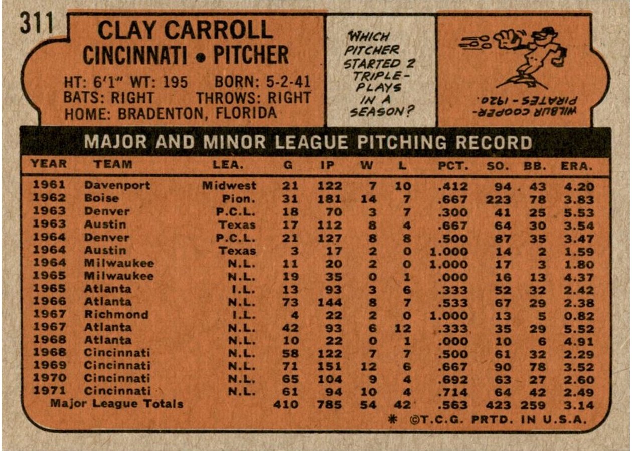 1972 Topps #311 Clay Carroll card back