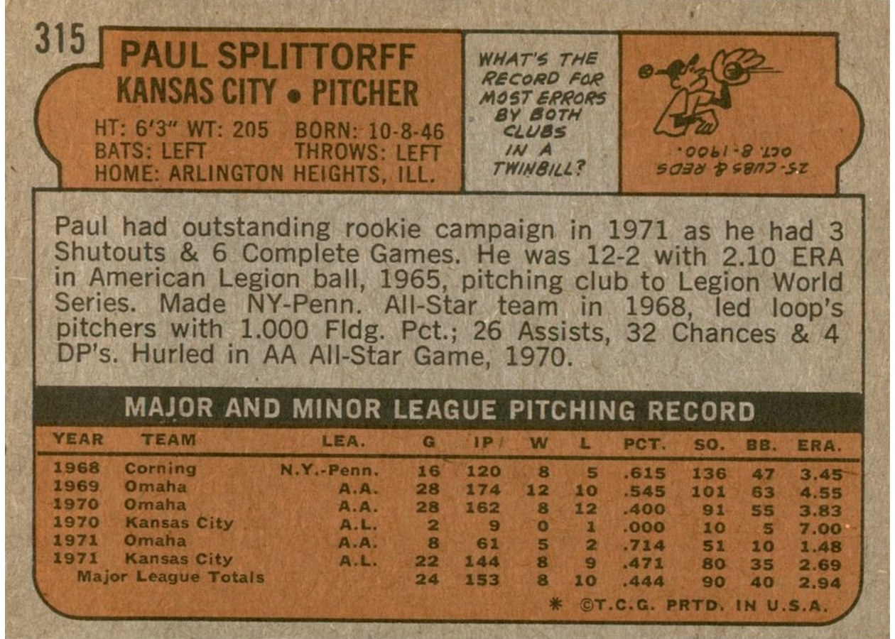 1972 Topps #315 Paul Splittorff card back