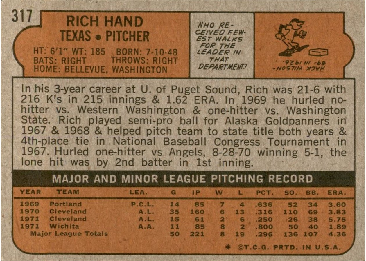 1972 Topps #317 Rich Hand card back