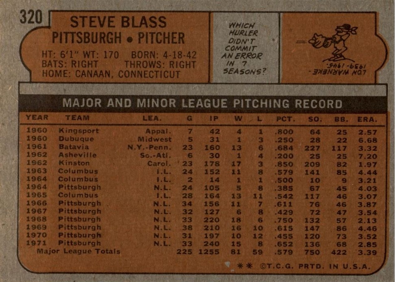 1972 Topps #320 Steve Blass card back