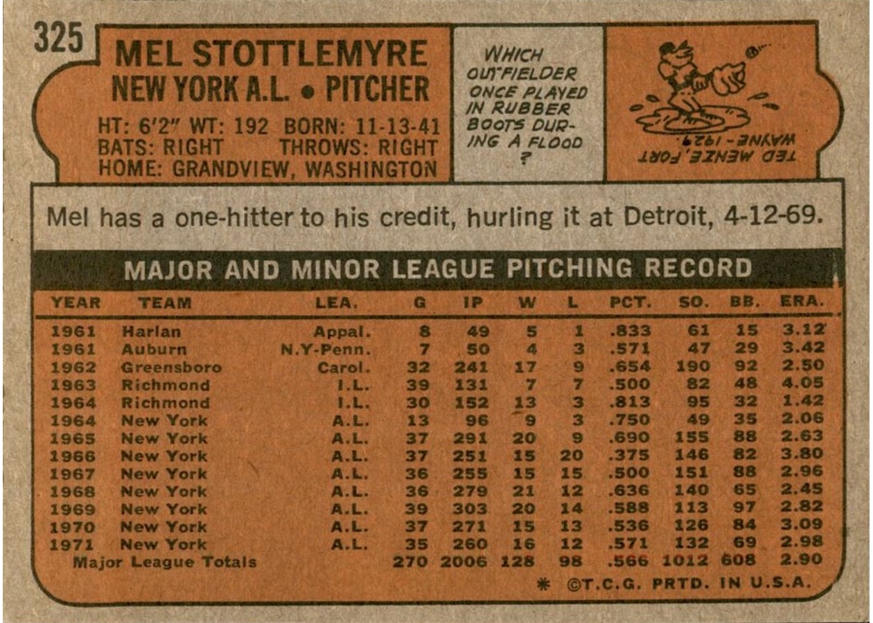 1972 Topps #325 Mel Stottlemyre card back