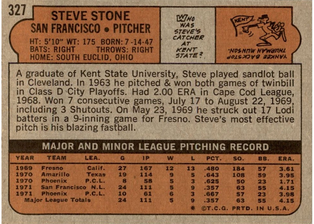 1972 Topps #327 Steve Stone card back
