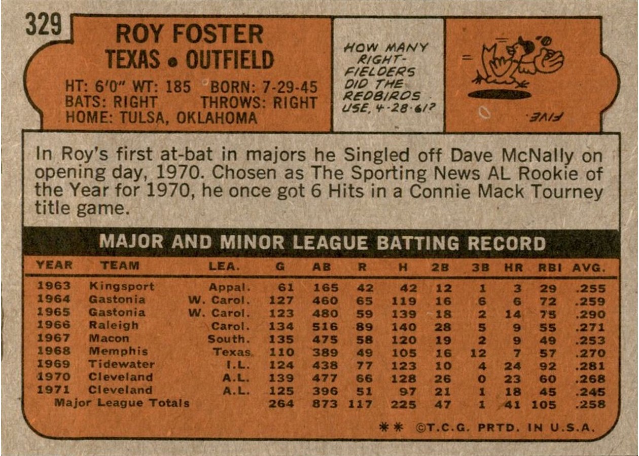 1972 Topps #329 Roy Foster card back