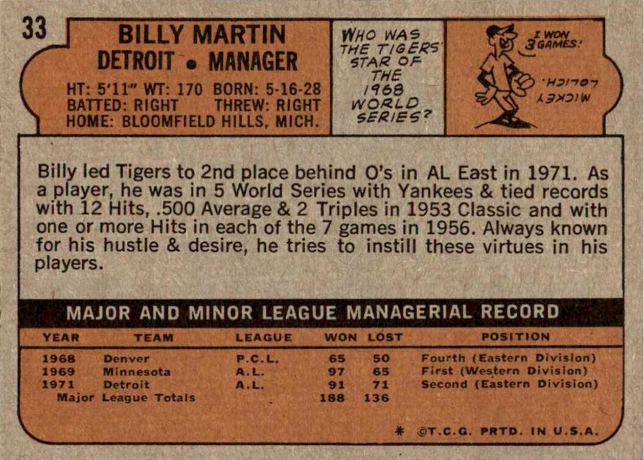 1972 Topps #33 Billy Martin card back
