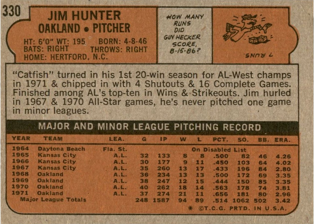 1972 Topps #330 Jim Hunter card back