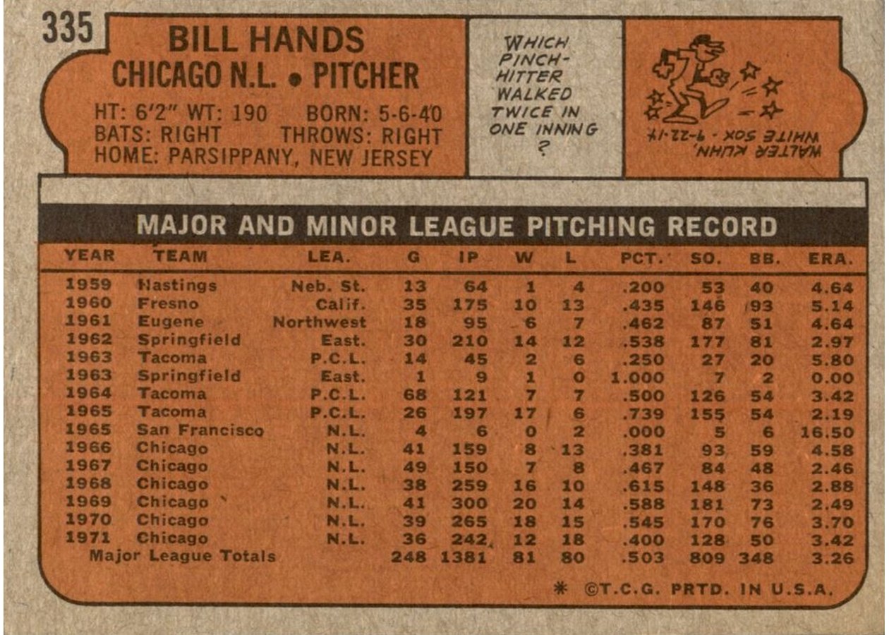 1972 Topps #335 Bill Hands card back