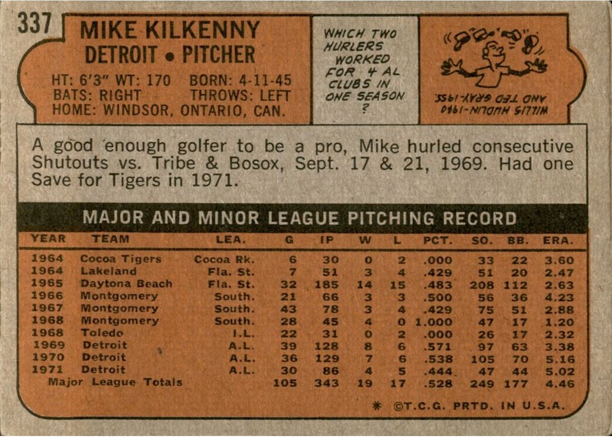 1972 Topps #337 Mike Kilkenny card back