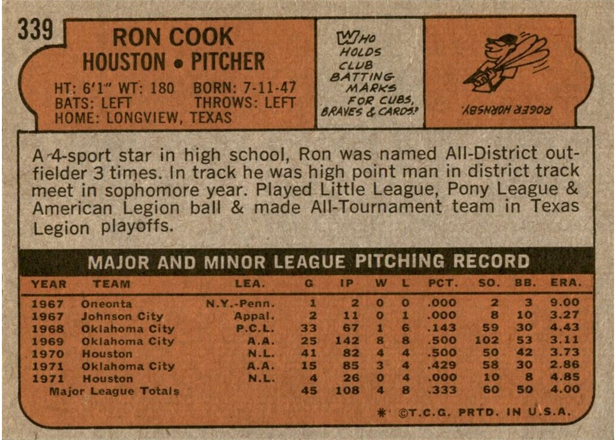 1972 Topps #339 Ron Cook card back