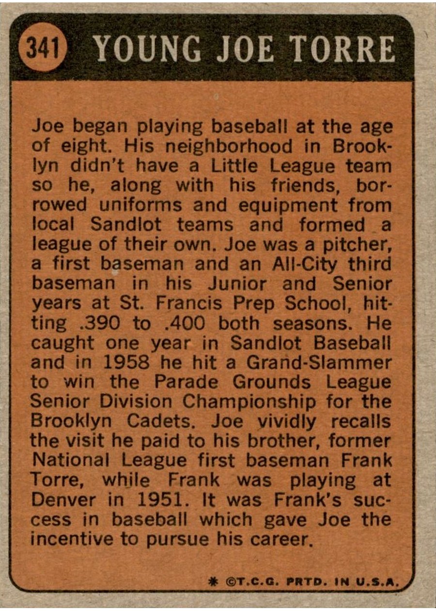 1972 Topps #341 Joe Torre card back