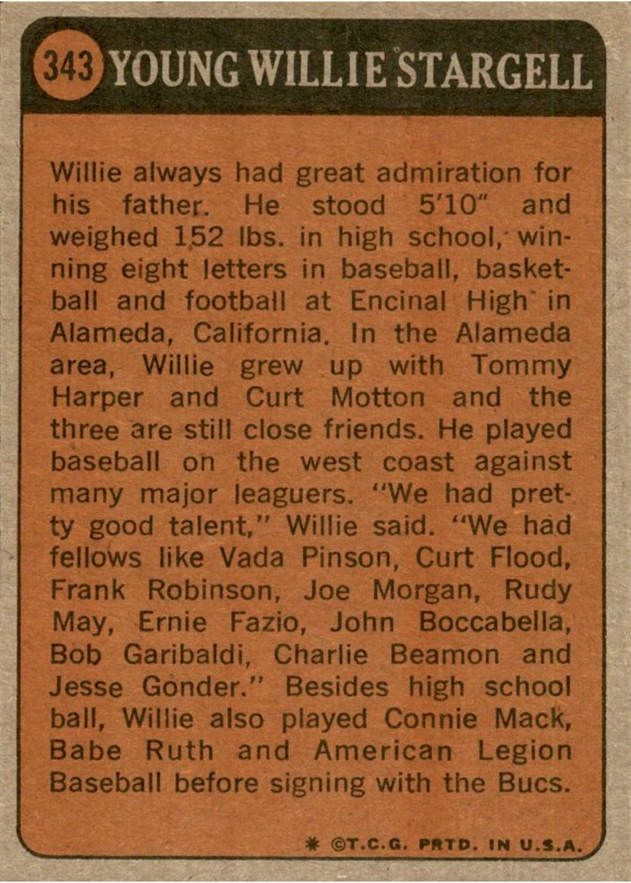 1972 Topps #343 Willie Stargell card back