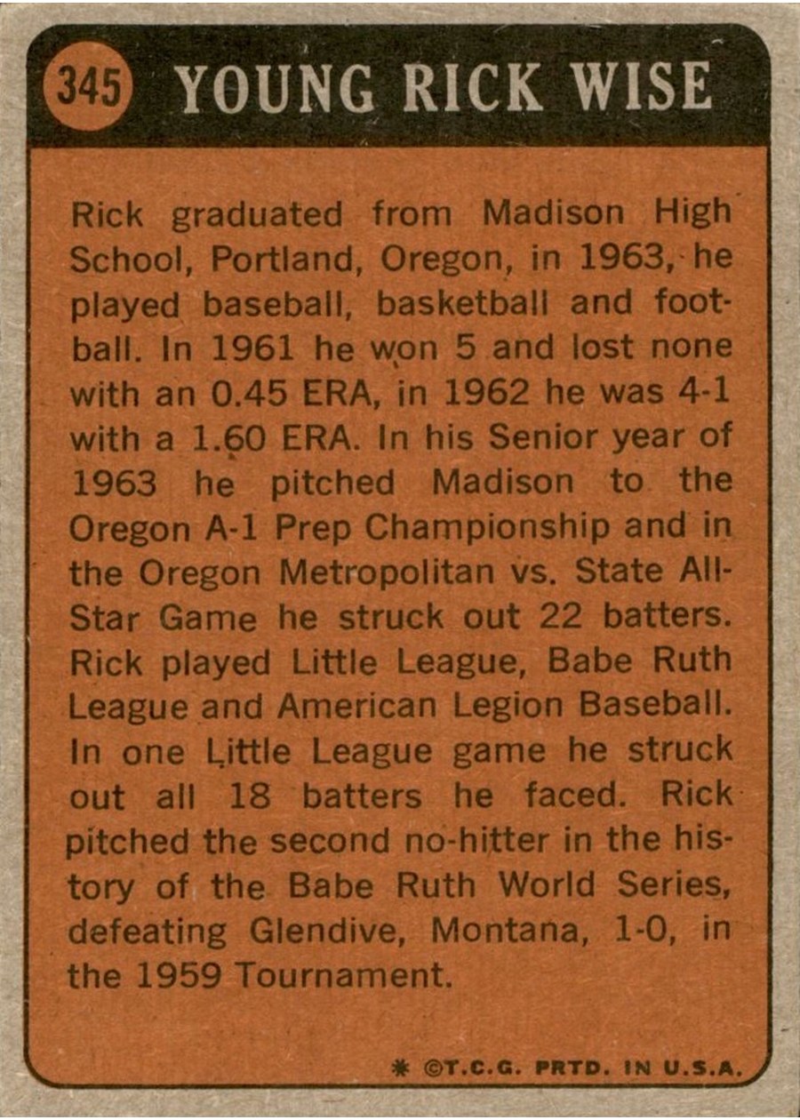 1972 Topps #345 Rick Wise card back