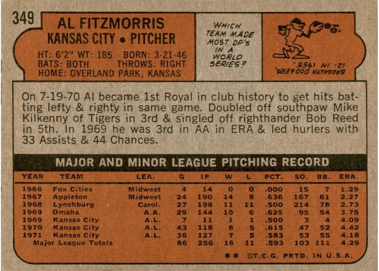 1972 Topps #349 Al Fitzmorris card back