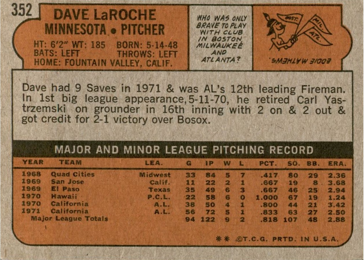 1972 Topps #352 Dave LaRoche card back