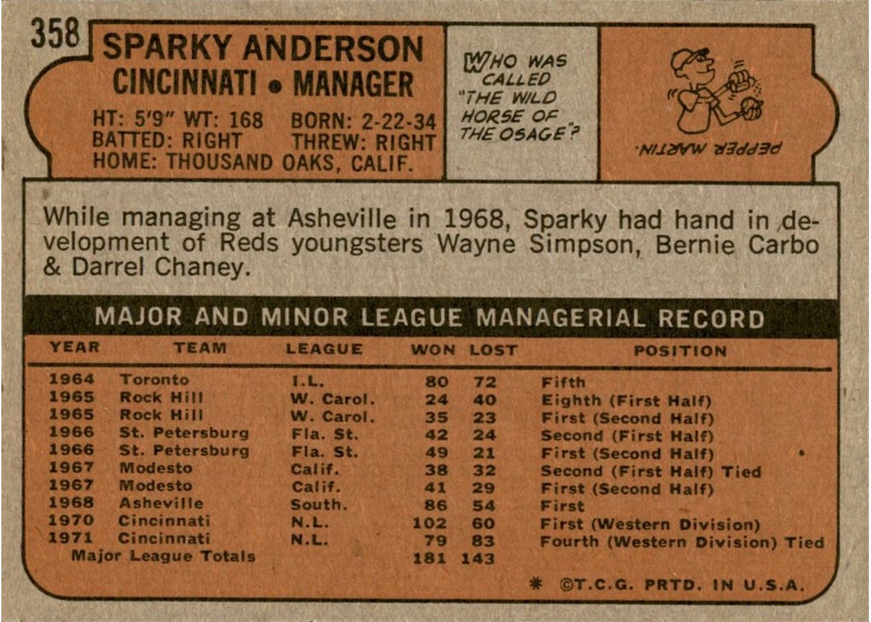 1972 Topps #358 Sparky Anderson card back