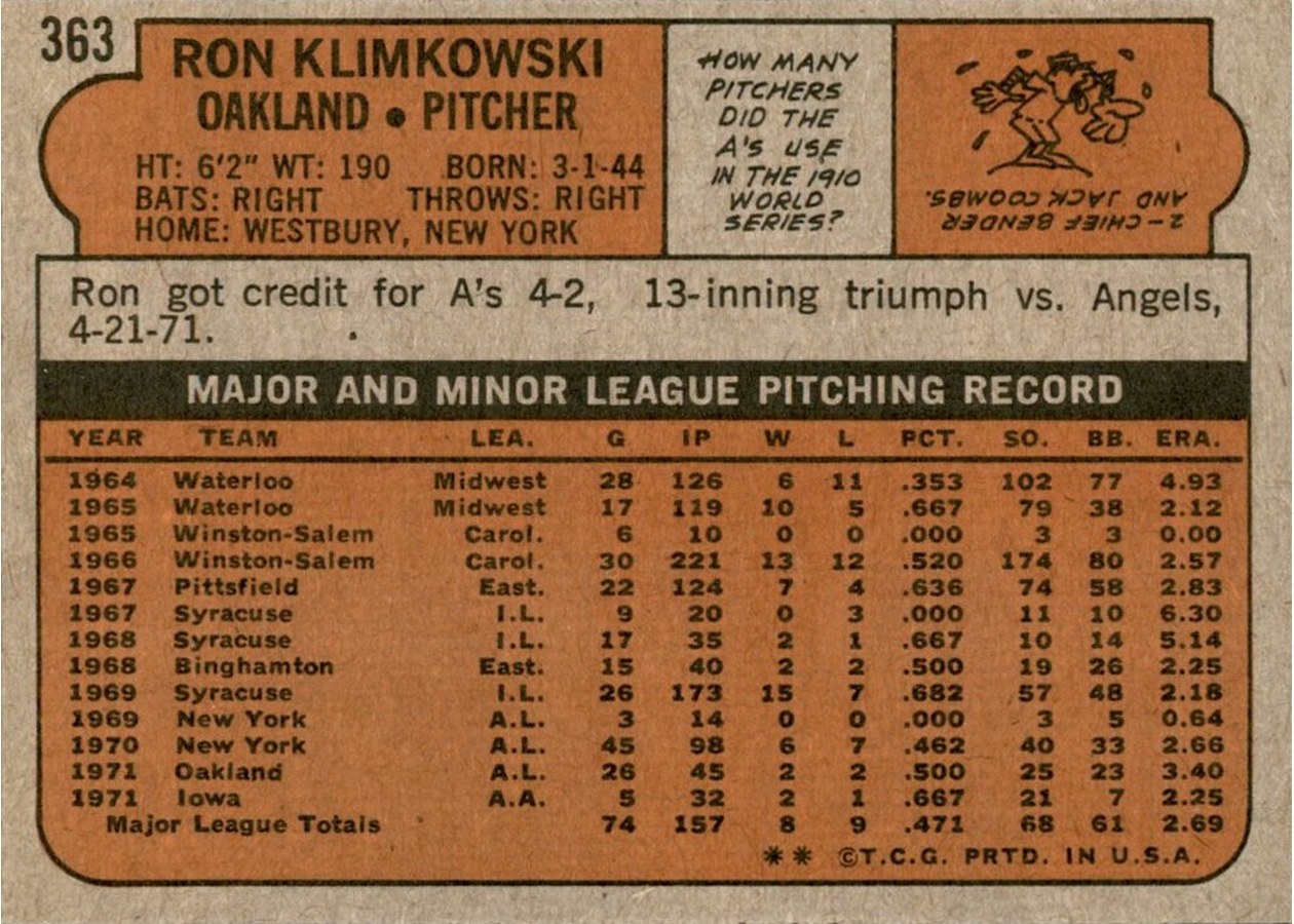1972 Topps #363 Ron Klimkowski card back