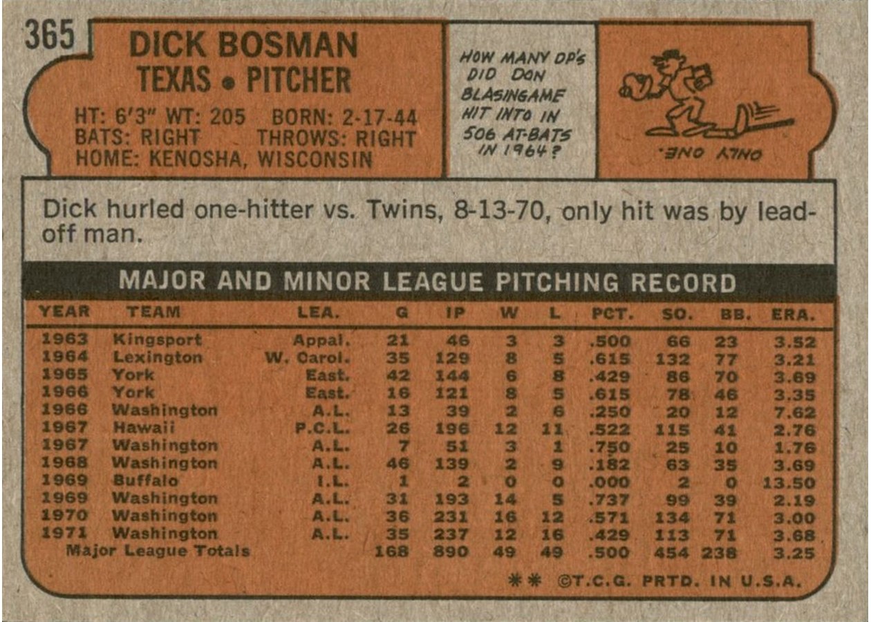1972 Topps #365 Dick Bosman card back