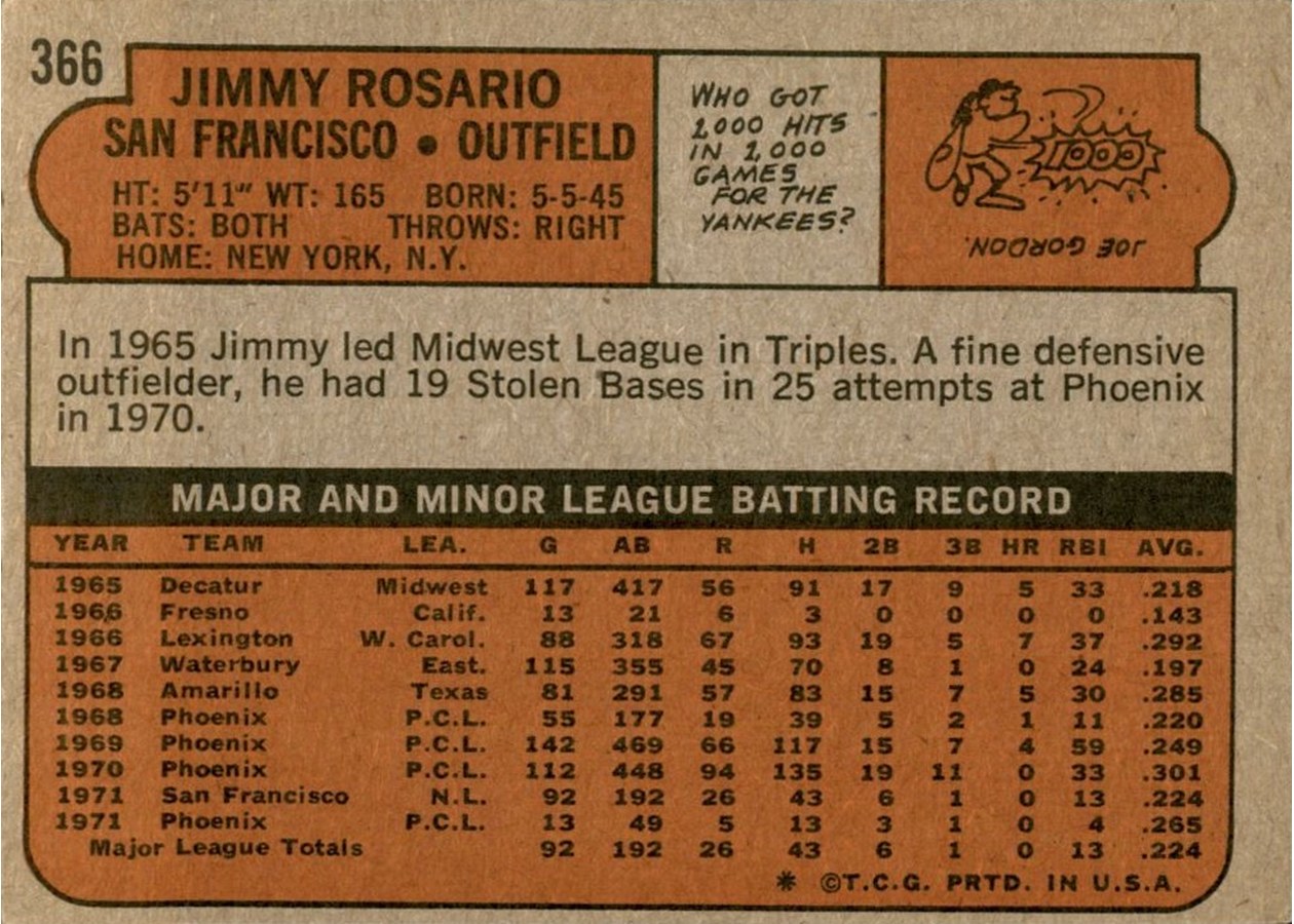 1972 Topps #366 Jimmy Rosario card back