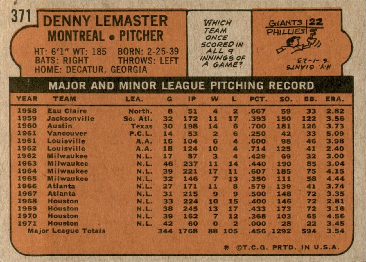 1972 Topps #371 Denny Lemaster card back