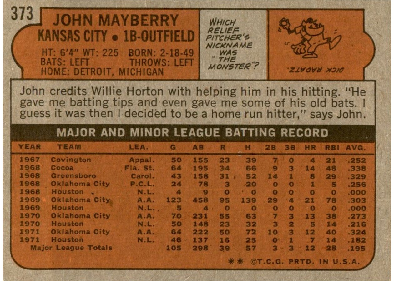 1972 Topps #373 John Mayberry card back