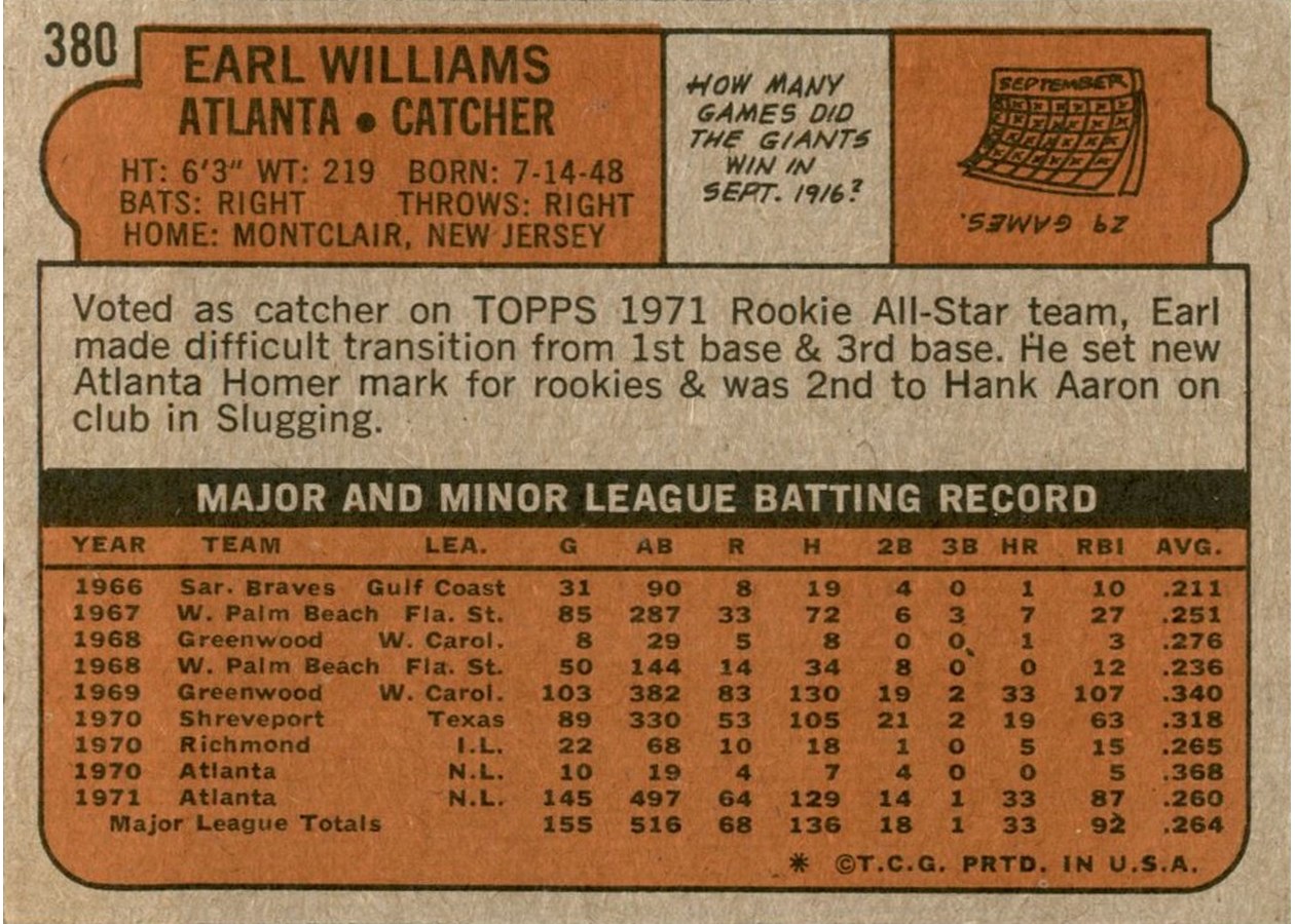 1972 Topps #380 Earl Williams card back