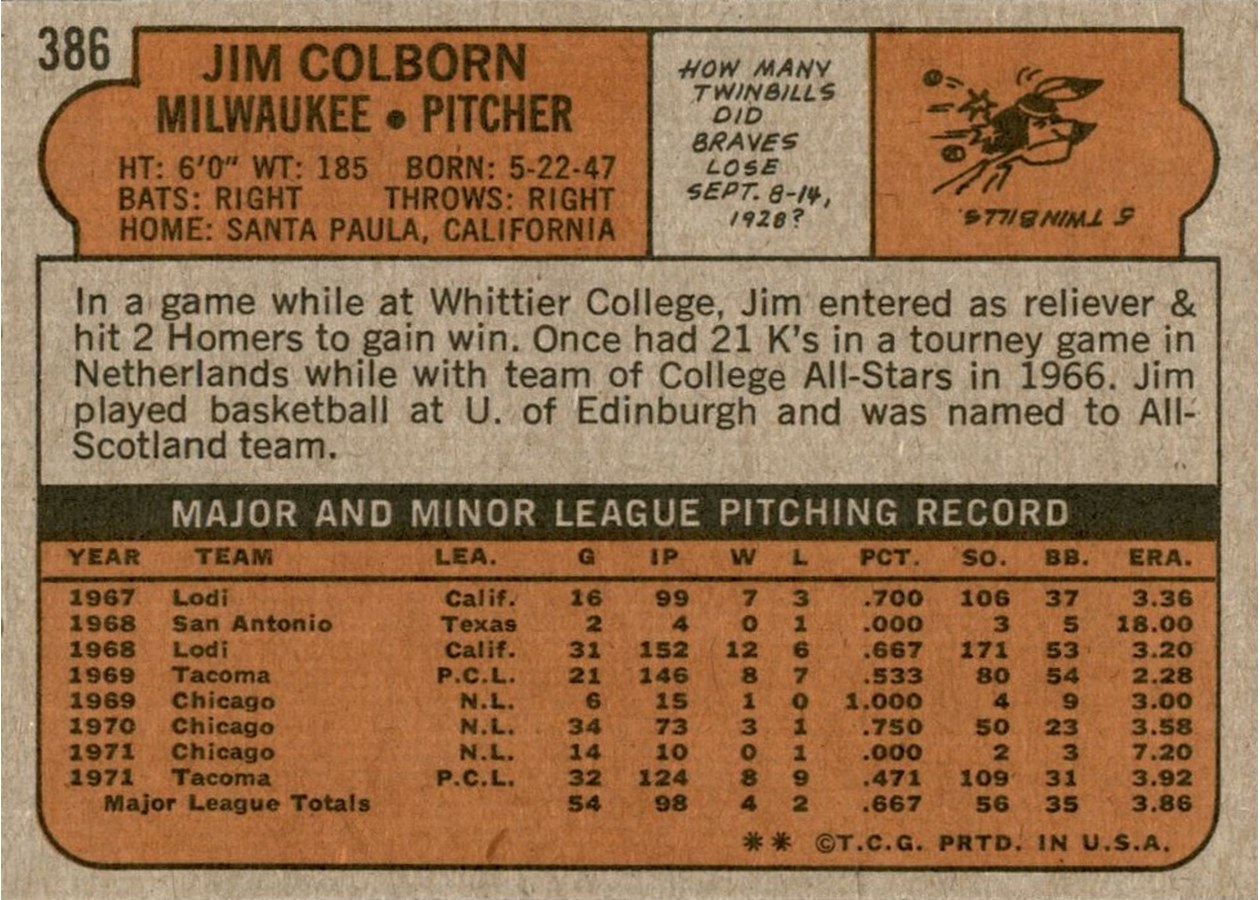 1972 Topps #386 Jim Colborn card back