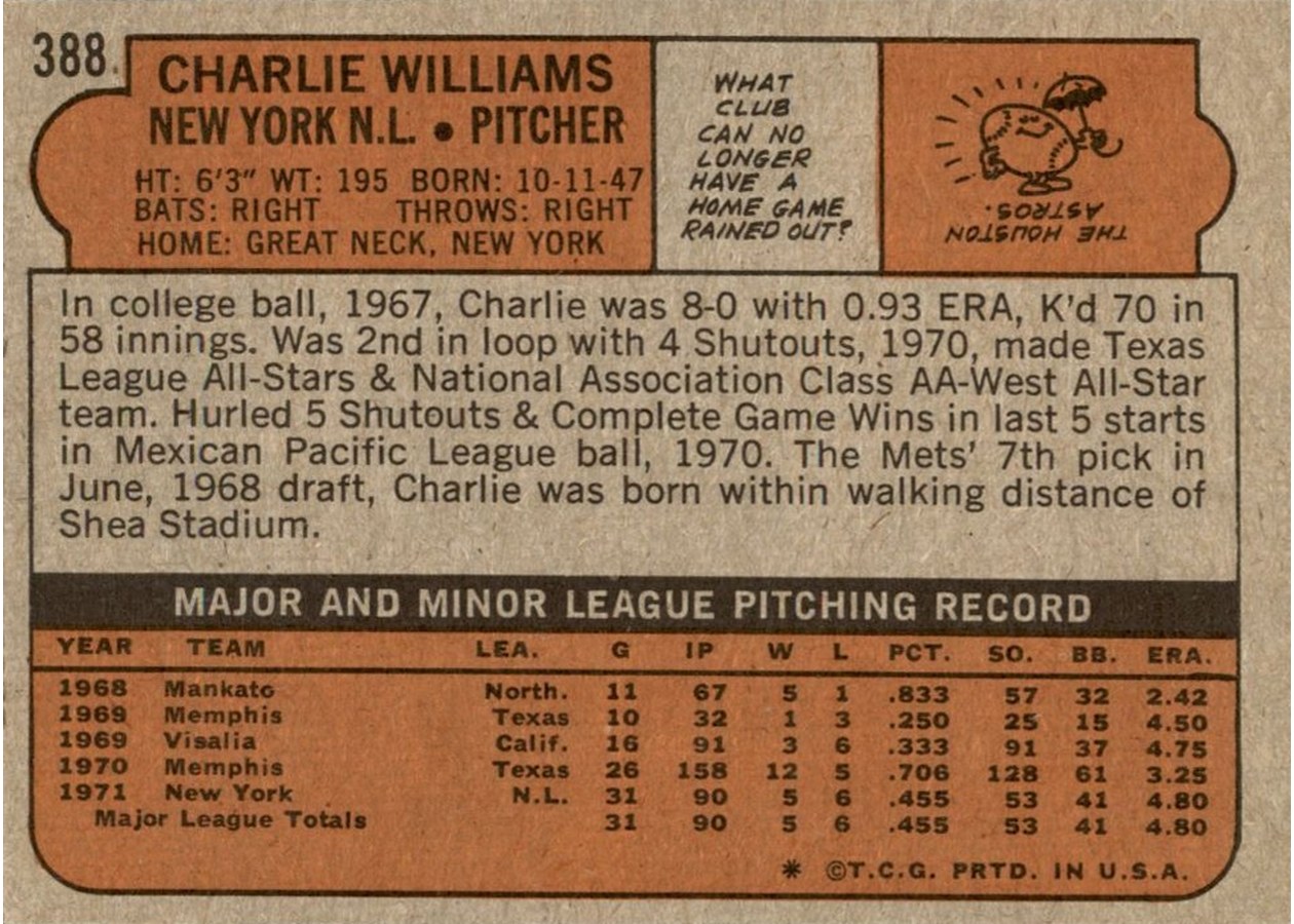 1972 Topps #388 Charlie Williams card back