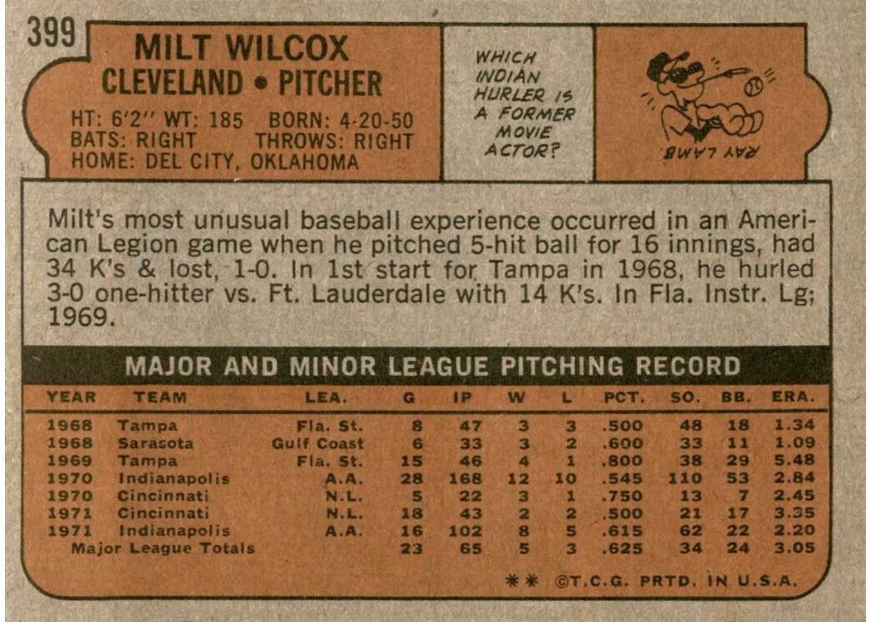 1972 Topps #399 Milt Wilcox card back