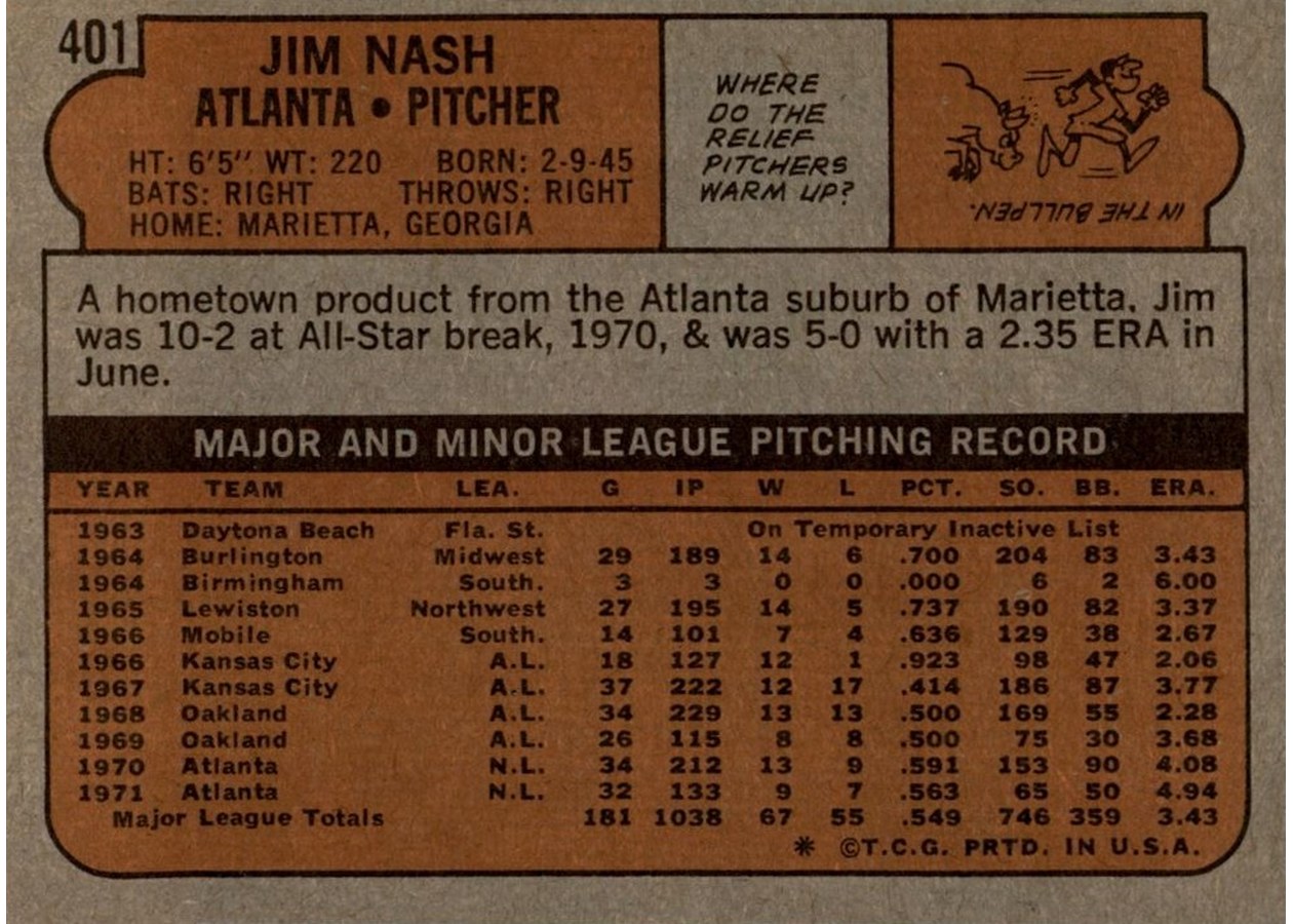 1972 Topps #401 Jim Nash card back
