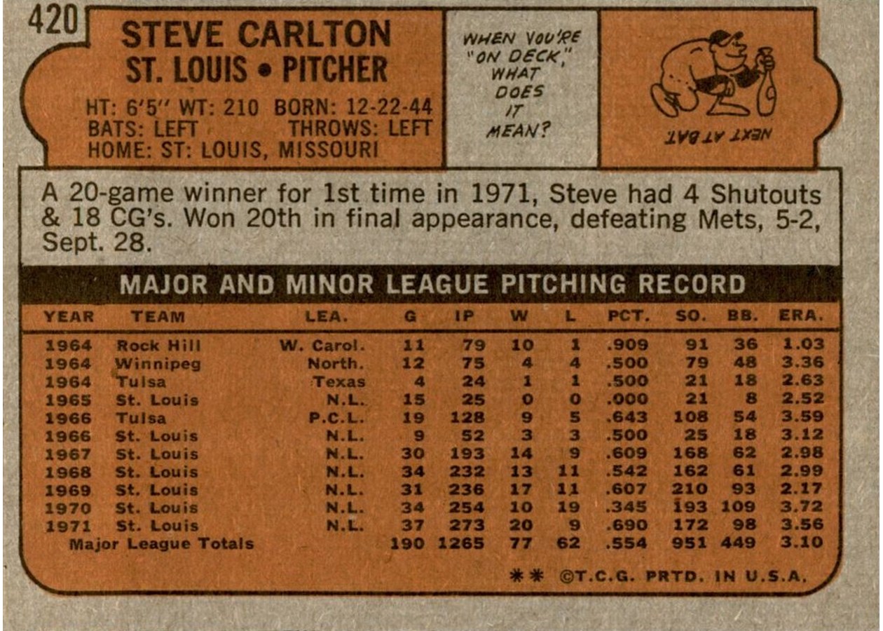 1972 Topps #420 Steve Carlton card back