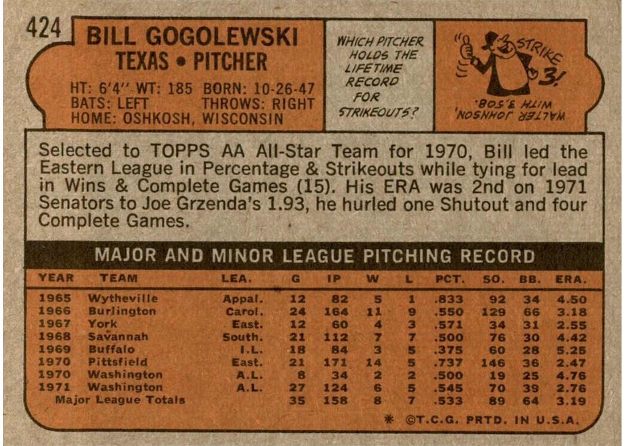 1972 Topps #424 Bill Gogolewski card back