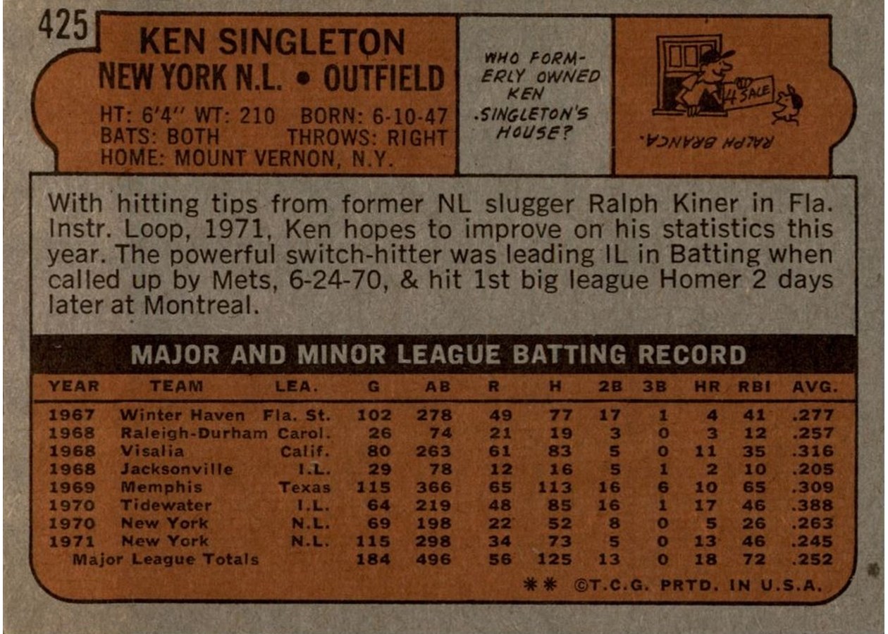 1972 Topps #425 Ken Singleton card back
