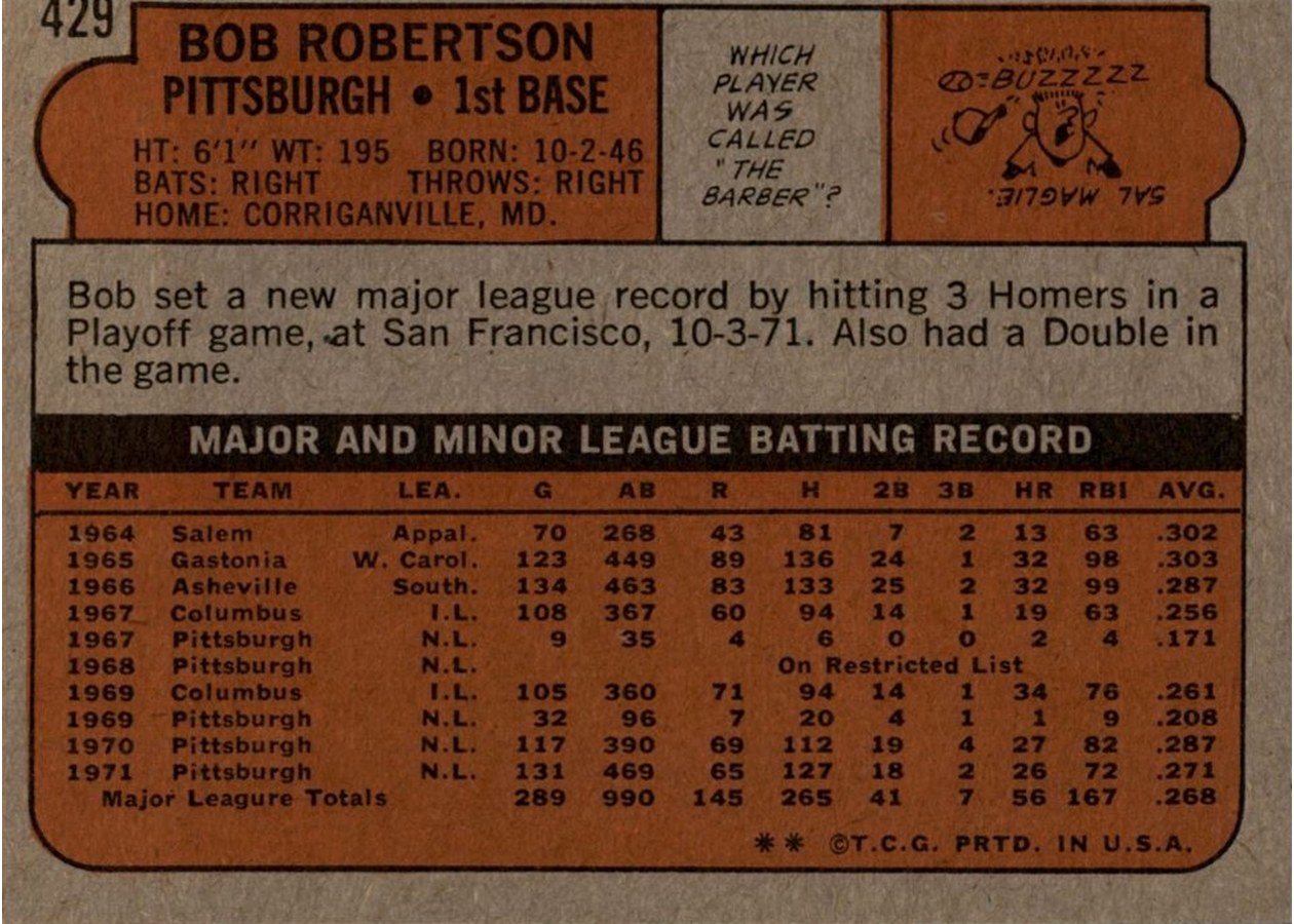 1972 Topps #429 Bob Robertson card back
