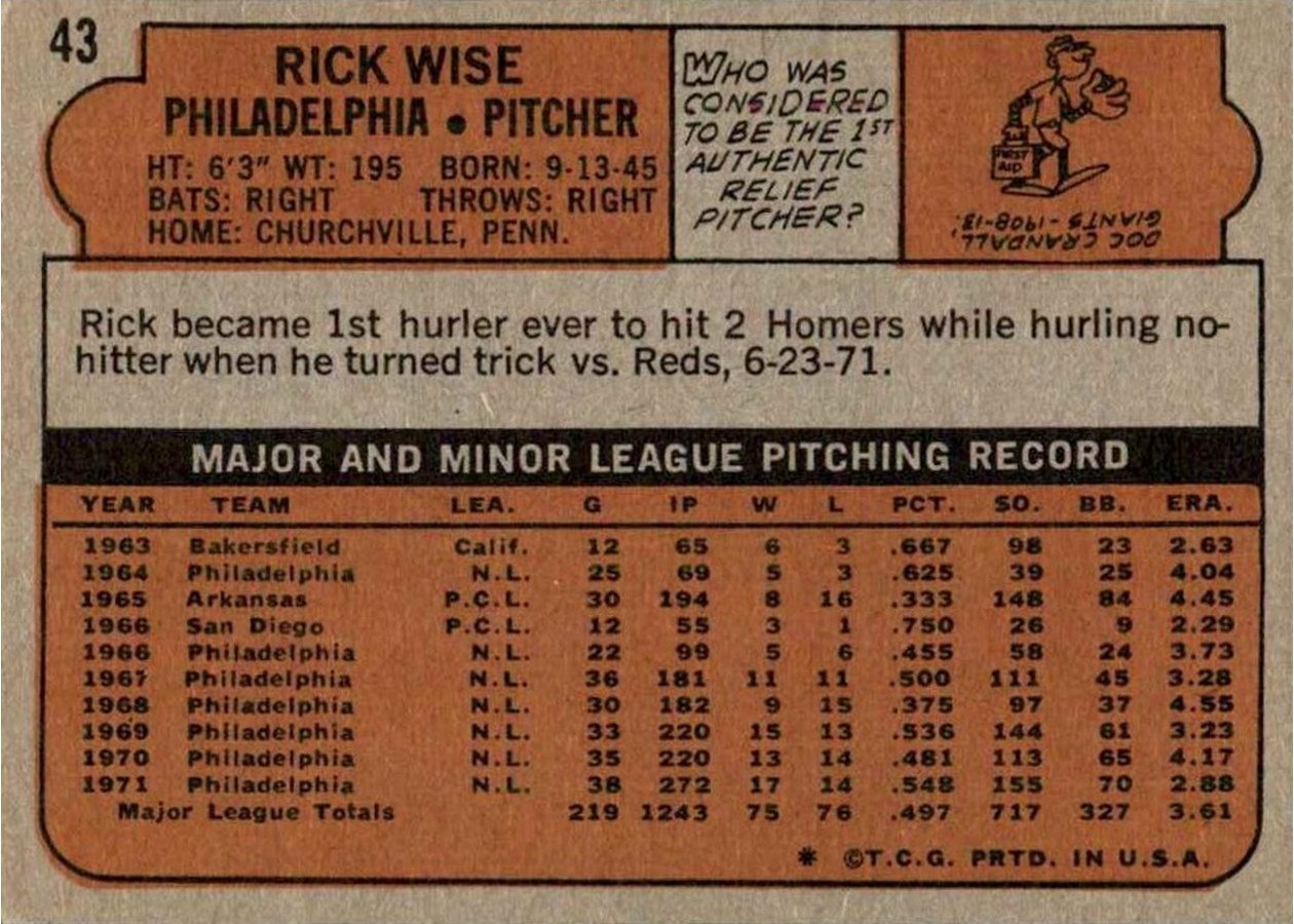1972 Topps #43 Rick Wise card back